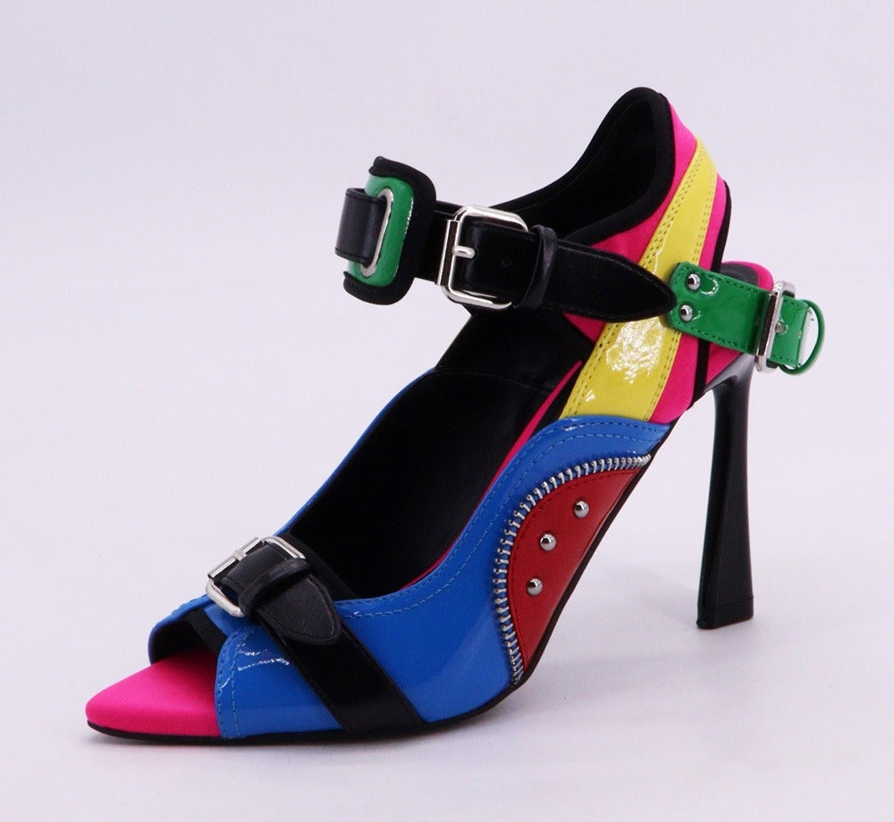 Smoke Multicolor Buckle Stiletto Heels – Bold Color-Block Sandals for Women