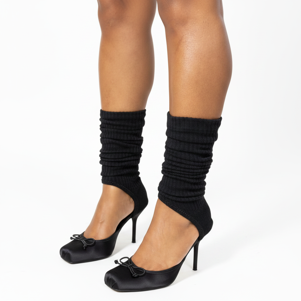 Ruched Sock Stiletto Heels with Open Vamp & Bow Detail | Black