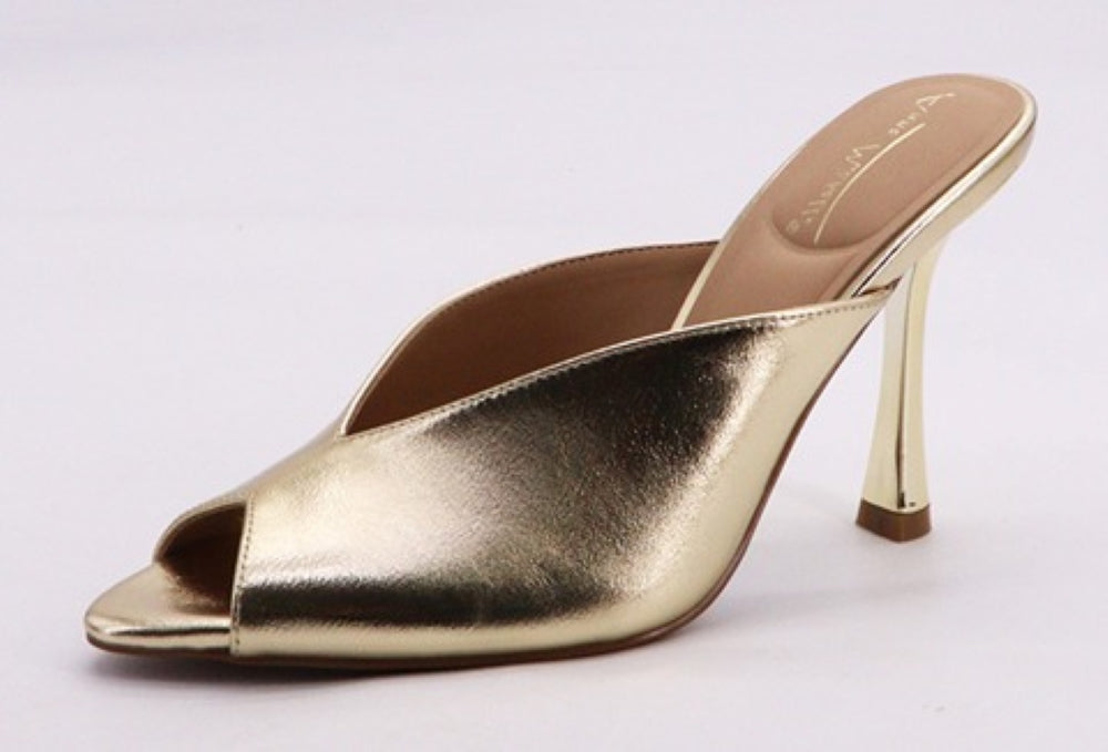 Ann Michelle Trace Gold Patent Peep-Toe Stiletto Mule Heels – Slip-On High Heel Sandal