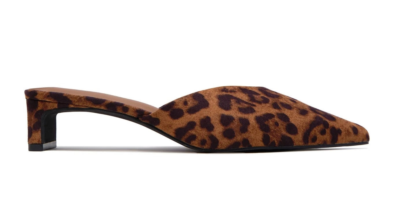Willy Leopard Print Kitten Heel Mules — Women's Pointed-Toe Slip-On Mule Shoes