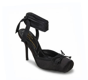 Women's Black Satin Alondra Bow Lace-Up Stiletto Heels - Square Toe Ankle Wrap Mary Jane