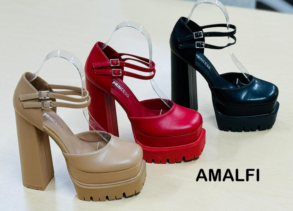 Soul Amalfi Red Platform Block Heel Pumps – Double Ankle Strap Round Toe