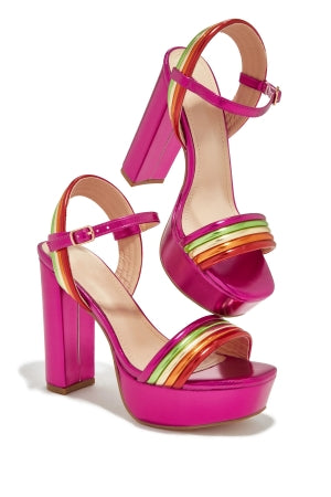 Kay Asiaa-27 Ankle Strap Chunky Platform Square Open Toe Block Heel-Fuchsia