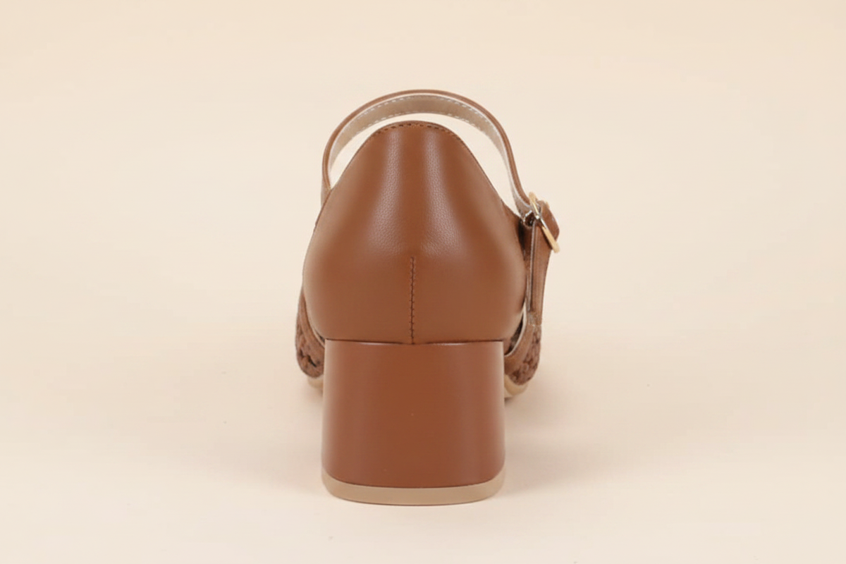 Back view showing the block heel and ankle strap