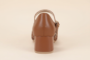 Back view showing the block heel and ankle strap