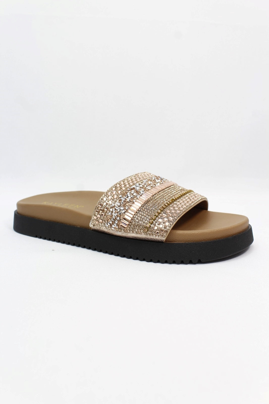DDK Barney Rhinestone Embellished Wide Band Chunky Slide – Rose Gold