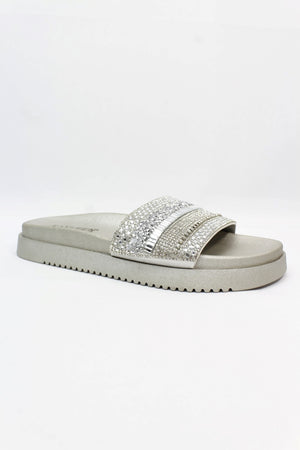 DDK Barney Rhinestone Embellished Wide Band Chunky Slide – Silver