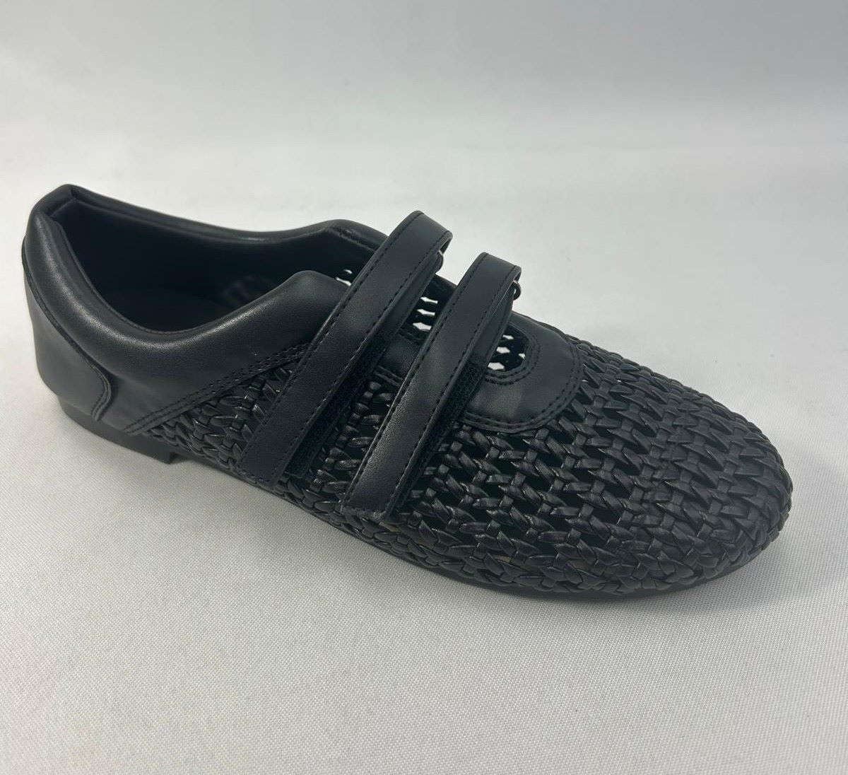 Black Woven Flats — Women's Leather Mesh Double-Strap Velcro Shoes