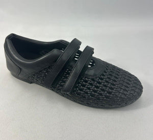 Black Woven Flats — Women's Leather Mesh Double-Strap Velcro Shoes