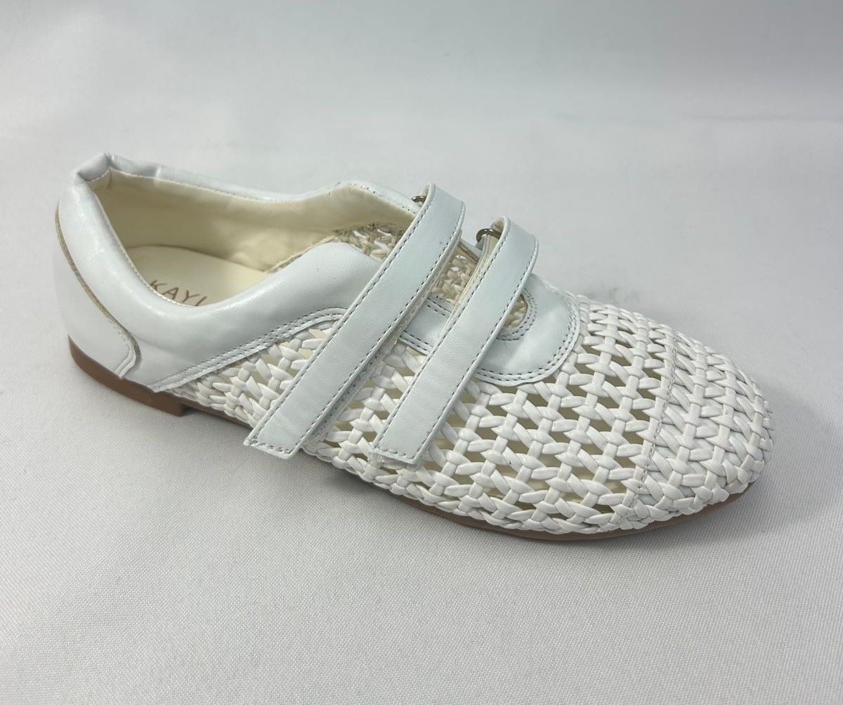 White Woven Flats — Women's Leather Mesh Double-Strap Velcro Shoes