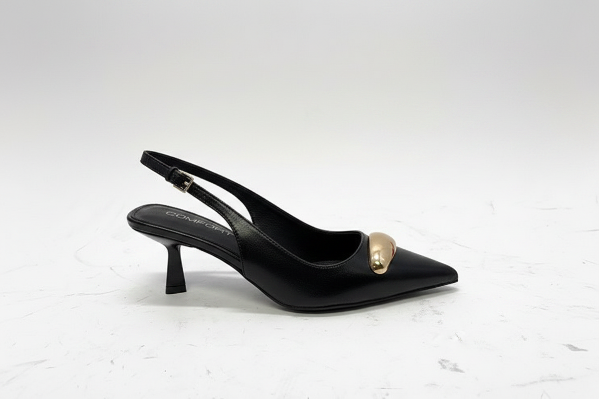 Black Leather Slingback Kitten Heels | Gold Buckle Pointed Toe Pumps