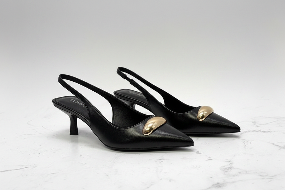 Black Leather Slingback Kitten Heels | Gold Buckle Pointed Toe Pumps