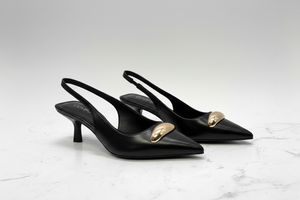 Black Leather Slingback Kitten Heels | Gold Buckle Pointed Toe Pumps