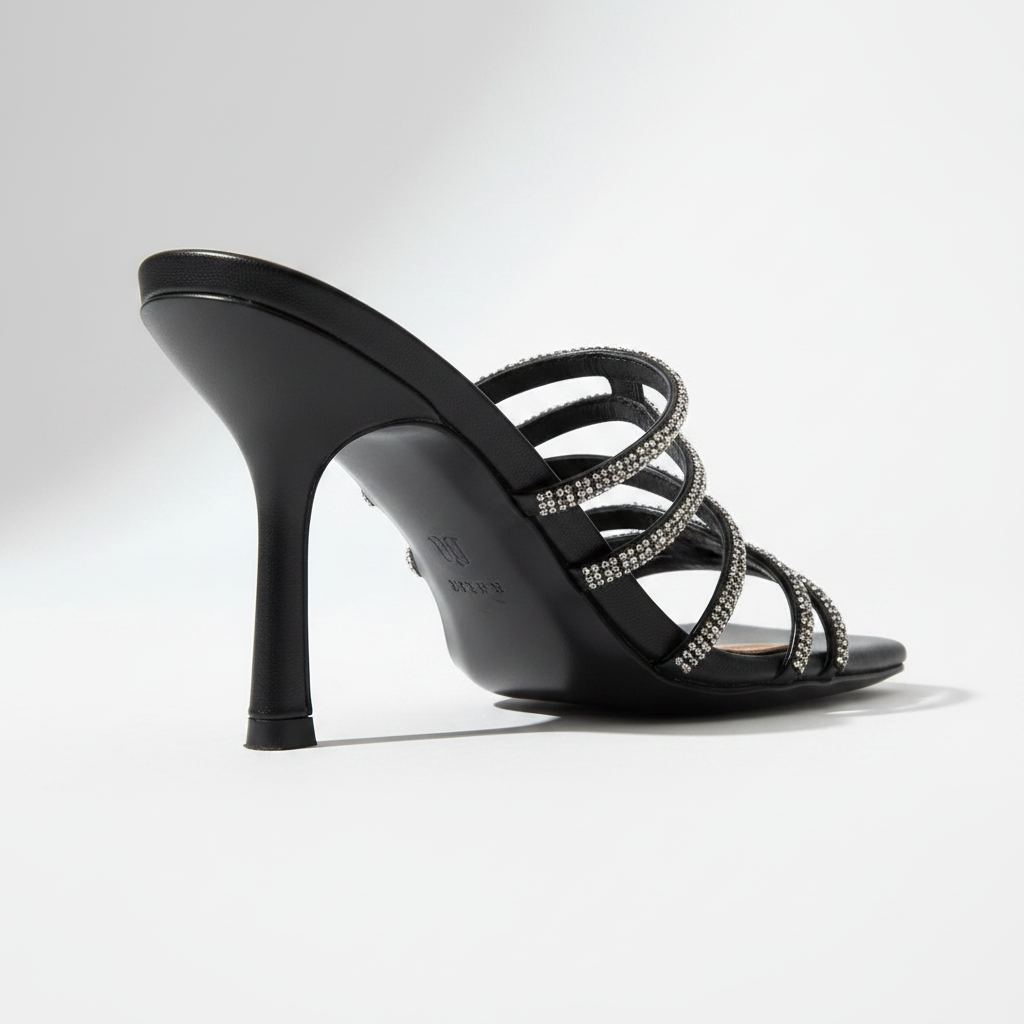Prom Black Rhinestone Multi-Strap Mule Heels | Evening Stiletto Sandals