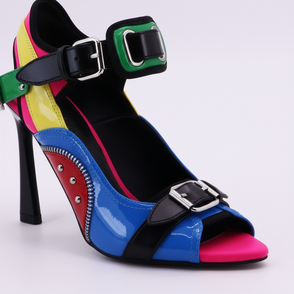Smoke Multicolor Buckle Stiletto Heels – Bold Color-Block Sandals for Women