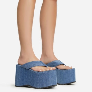 Women's Lemonade Denim Extreme Platform Heel Thong Slip-On
