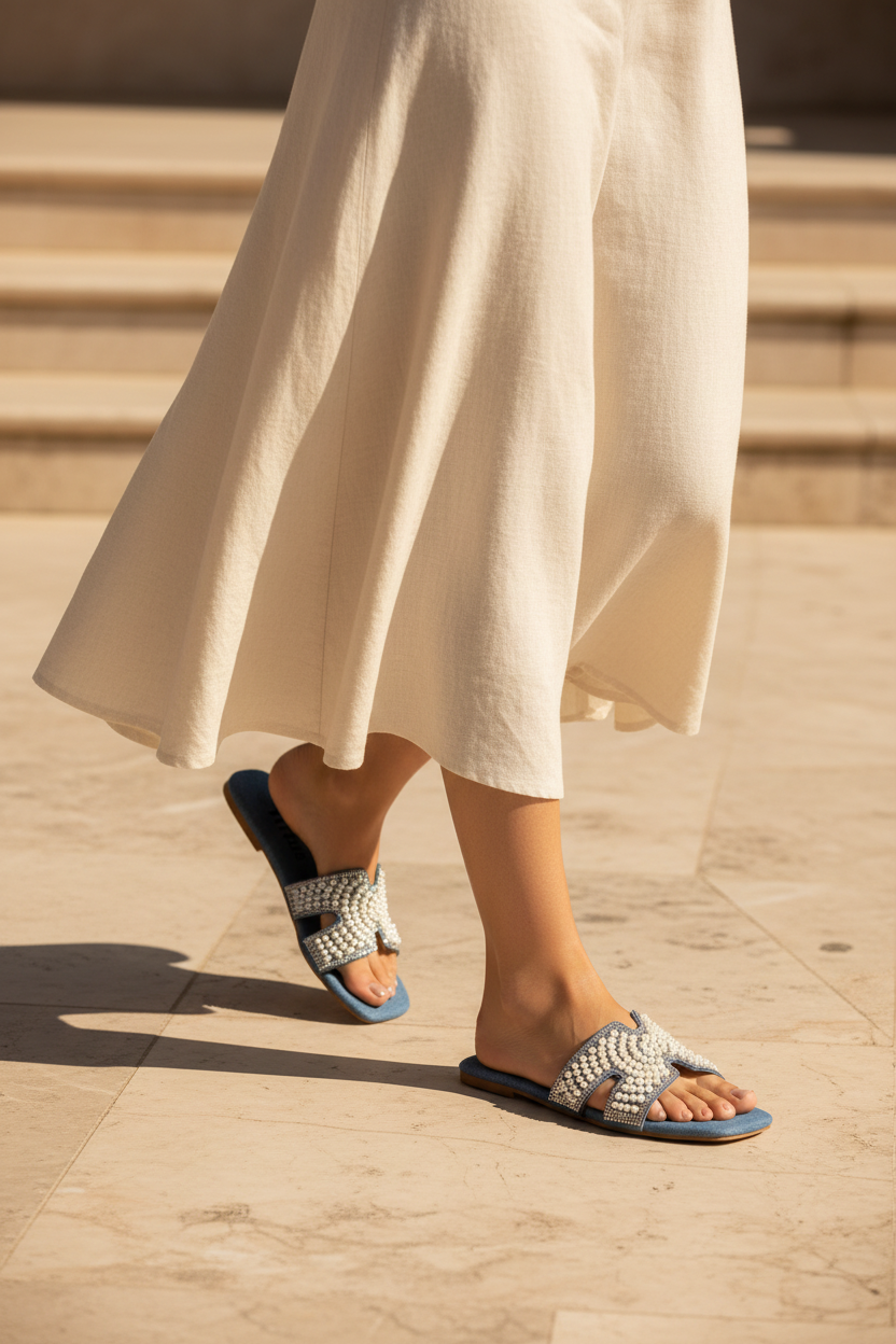 Camila Blue Denim Pearl Flat Sandals Lifestyle