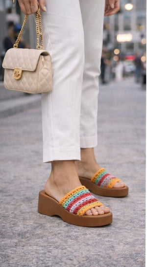 Women's Multi-Color Chipper Platform Wide Band Mule Wedges - Comfortable Slip-On
