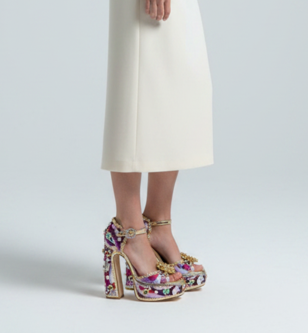 Chase Royal Stone & Pearl Embellished Open Toe Platform Block Heel Sandals – Purple