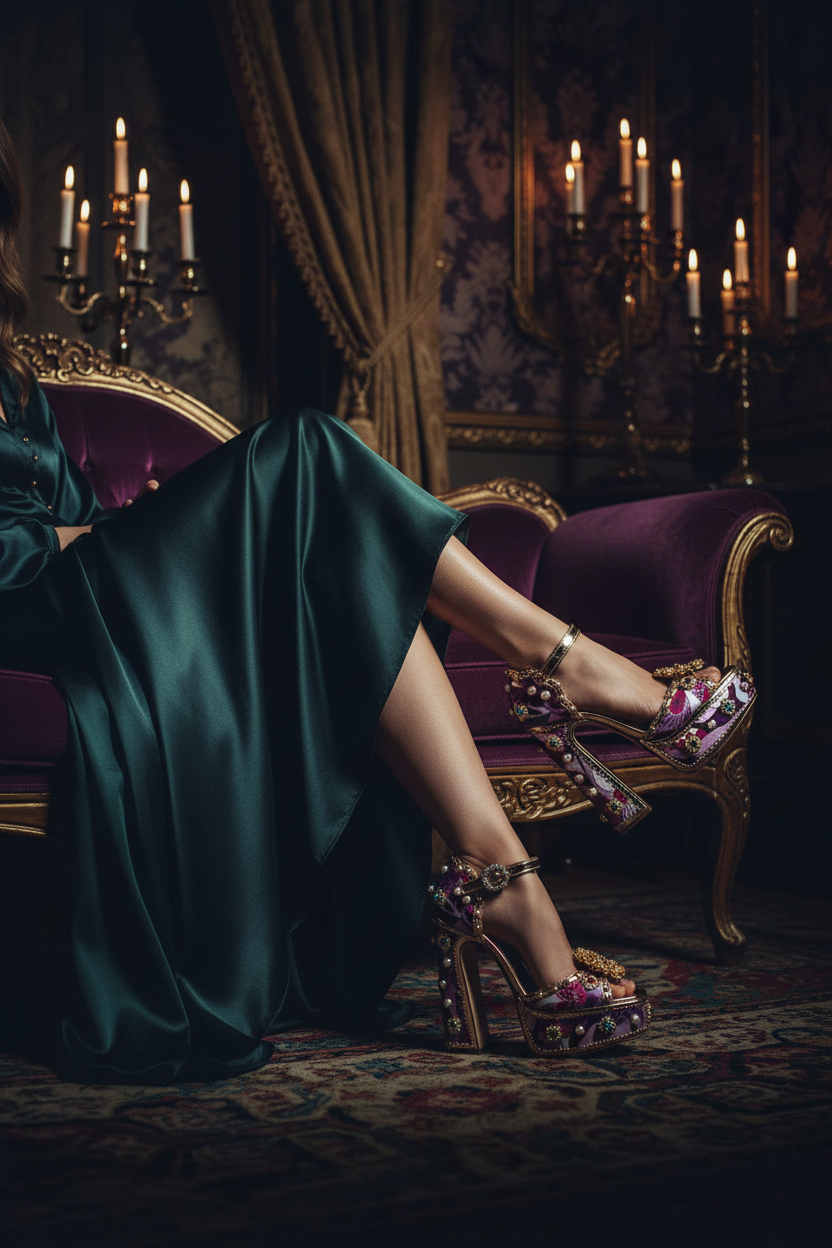 Chase Royal Stone & Pearl Embellished Open Toe Platform Block Heel Sandals – Purple