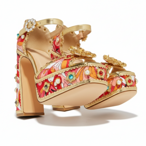 Chase Royal Red Stone & Pearl Embellished Open Toe Platform Block Heel Sandals – 5.75" Ankle Buckle