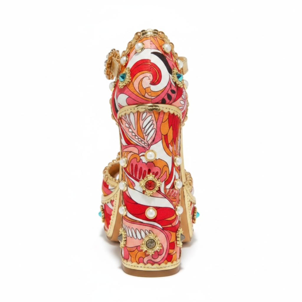 Chase Royal Red Stone & Pearl Embellished Open Toe Platform Block Heel Sandals – 5.75" Ankle Buckle