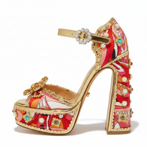 Chase Royal Red Stone & Pearl Embellished Open Toe Platform Block Heel Sandals – 5.75" Ankle Buckle