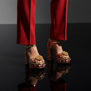 Chase Royal Red Stone & Pearl Embellished Open Toe Platform Block Heel Sandals – 5.75" Ankle Buckle