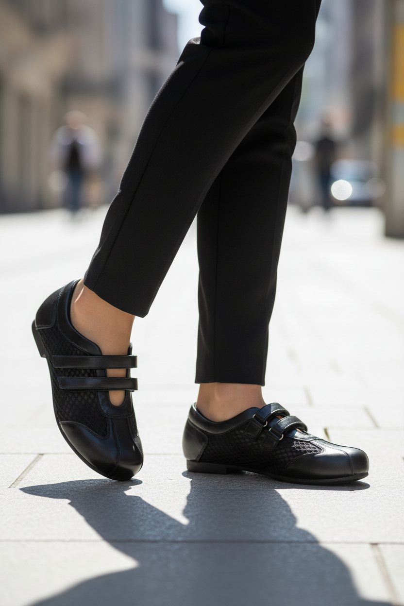 Balleta Black Velcro Flats — Women's Mesh Double-Strap Shoes