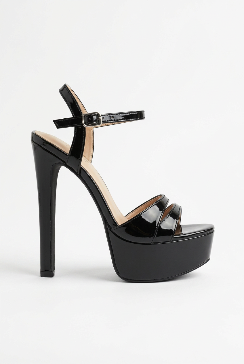 Clean studio profile of the black patent platform sandal