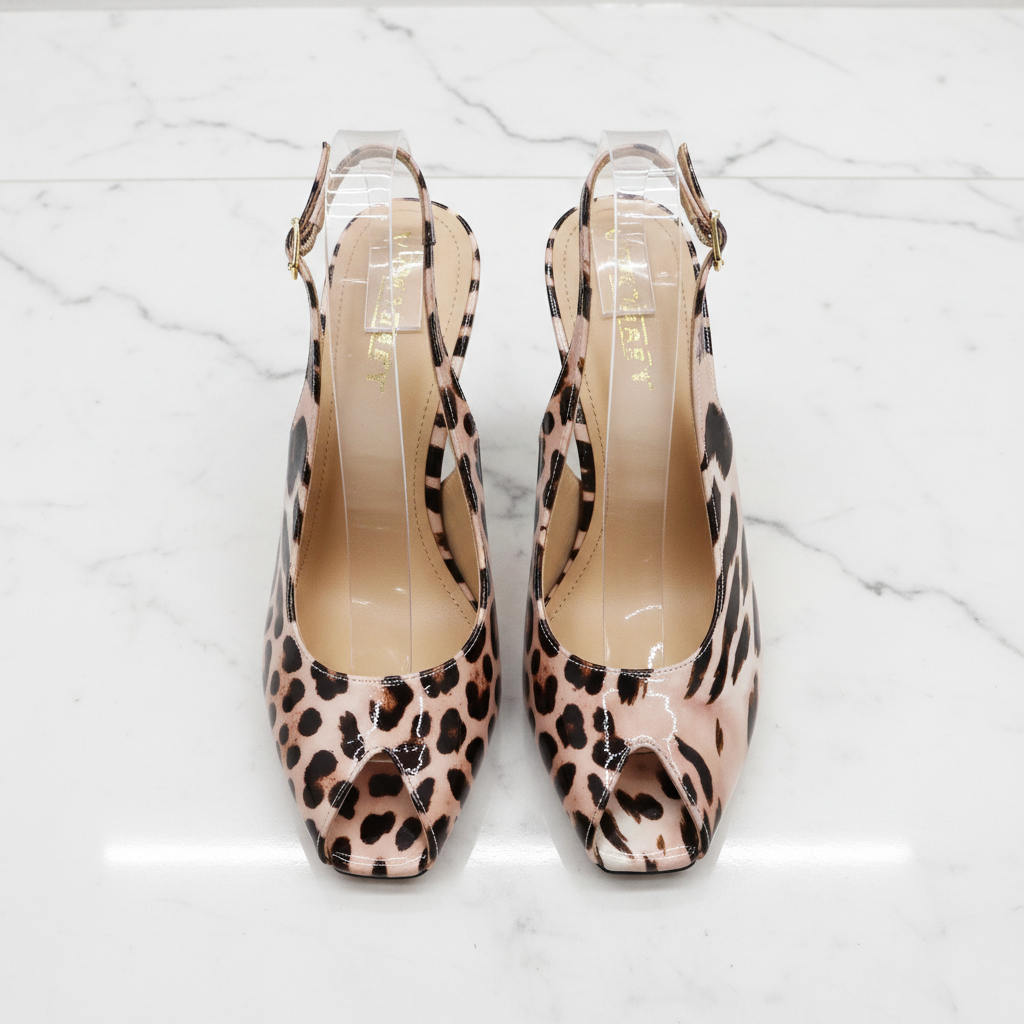 Anne Michelle Clearcut Cheetah Patent Peep Toe Slingback Stiletto Heels