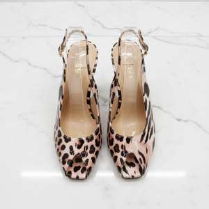 Anne Michelle Clearcut Cheetah Patent Peep Toe Slingback Stiletto Heels