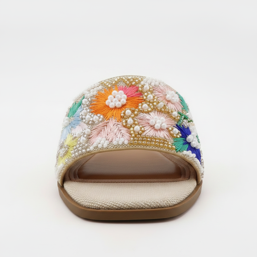 Green-Multi Slide – Hand-Embroidered Floral Flat Sandal