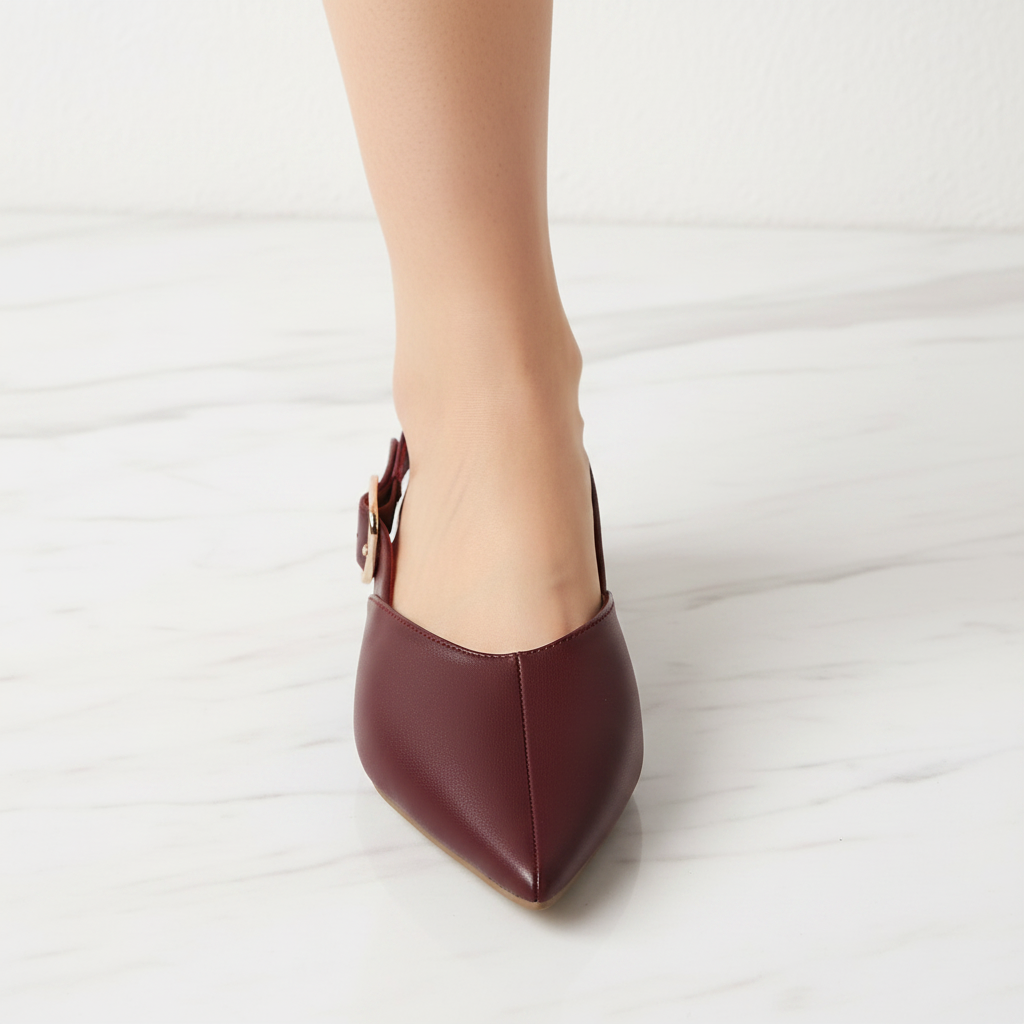 Burgundy Slingback Pointed Toe Flat | Rose Gold Buckle | Vegan Leather