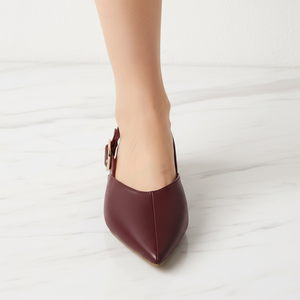 Burgundy Slingback Pointed Toe Flat | Rose Gold Buckle | Vegan Leather