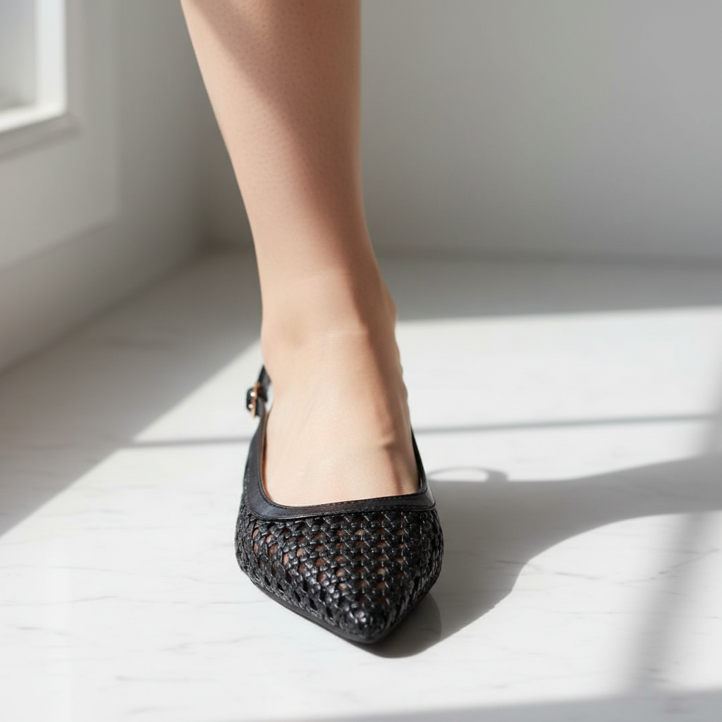 Black Woven Slingback Pointed Toe Flat | Gold Buckle | Lattice Weave