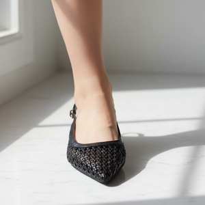 Black Woven Slingback Pointed Toe Flat | Gold Buckle | Lattice Weave