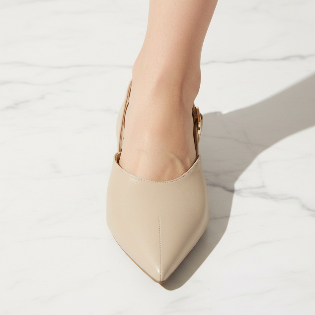 Beige Slingback Pointed Toe Flat | Gold Buckle | Vegan Leather