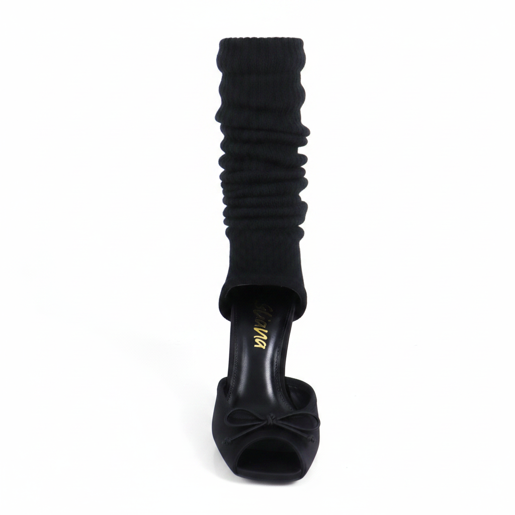 Ruched Sock Stiletto Heels with Open Vamp & Bow Detail | Black