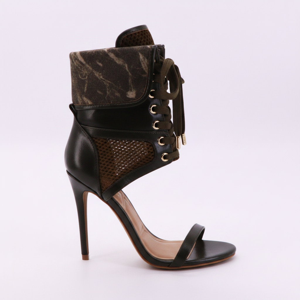 Women's Camo Print Lace-Up Stiletto Heel Sandals – Gold Hardware Ankle Cuff