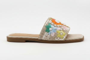 Green-Multi Slide – Hand-Embroidered Floral Flat Sandali