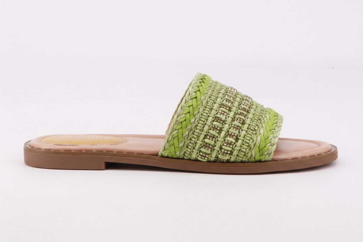 Lime Slide – Braided Raffia Wide-Strap Flat Sandal