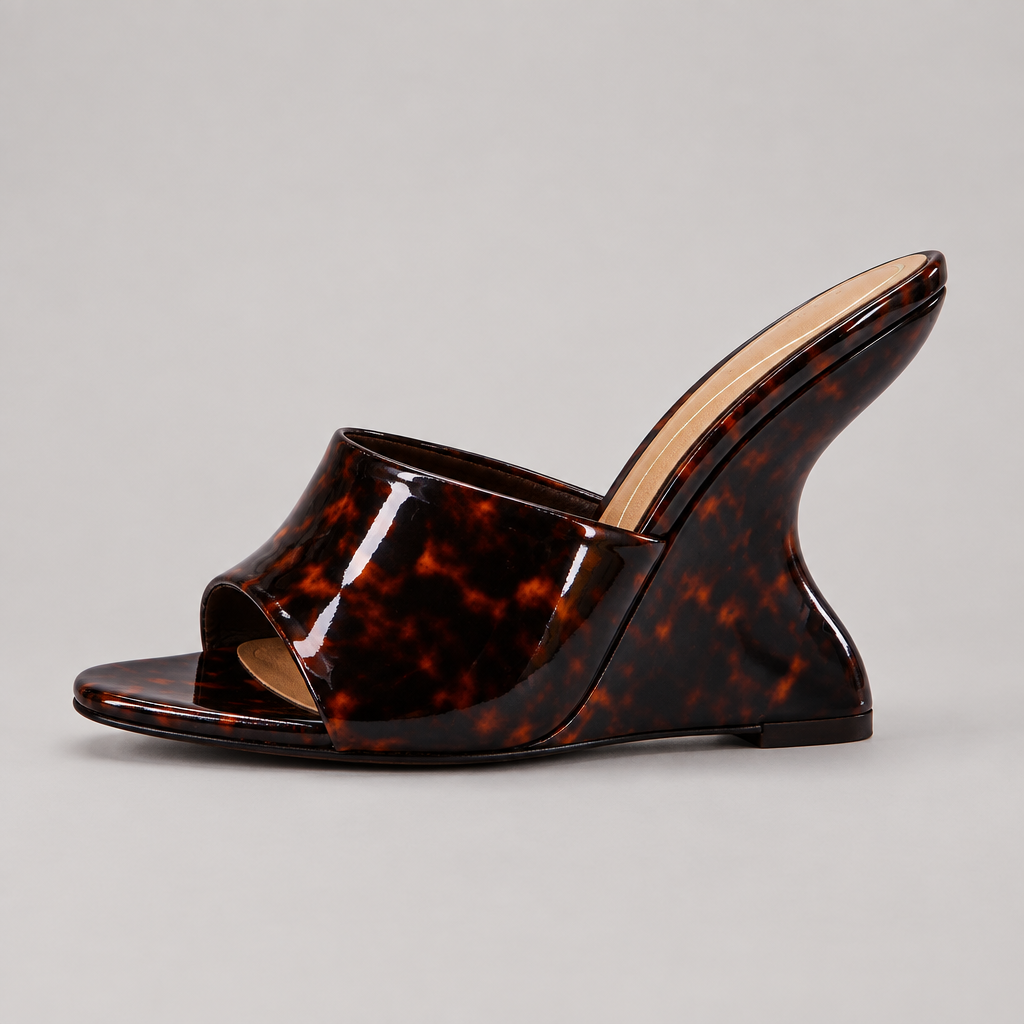 Close-up side profile of tortoiseshell wedge mule