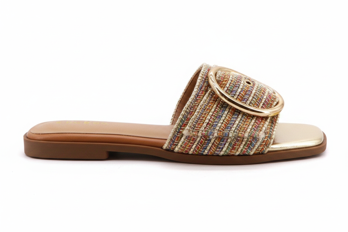 Slide – Multicolour Woven Raffia Flat Sandal with Gold Buckle