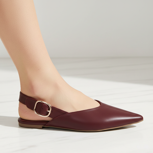 Burgundy Slingback Pointed Toe Flat | Rose Gold Buckle | Vegan Leather