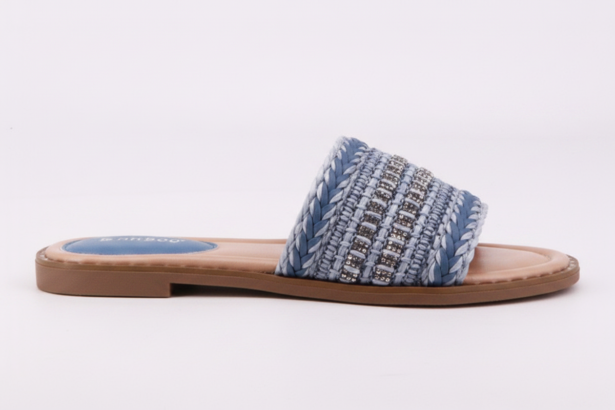  Slide – Blue Braided Raffia Wide-Strap Flat Sandal