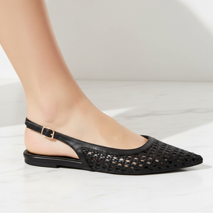 Black Woven Slingback Pointed Toe Flat | Gold Buckle | Lattice Weave