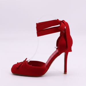 Red Satin Ankle-Tie Stiletto Heels — Women's Ballet-Inspired Platform Pump
