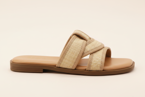 Natural Slide – Woven Raffia Cross-Strap Flat Sandal