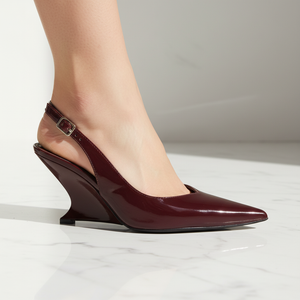 Burgundy Patent Slingback Wedge Heel | Sculptural Heel | Pointed Toe